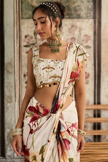 IVORY FLORAL PRINTED SKIRT SAREE SET
