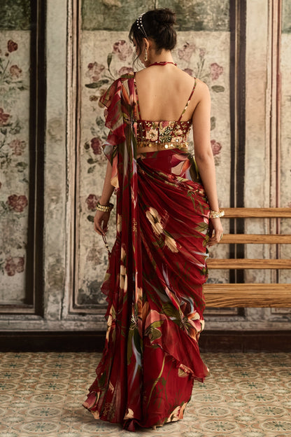 RED FLORAL PRINTED PLEATED SKIRT SAREE SET