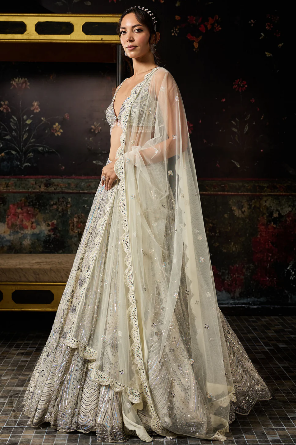 IVORY FULLY EMBROIDERED SCALLOP LEHENGA SET