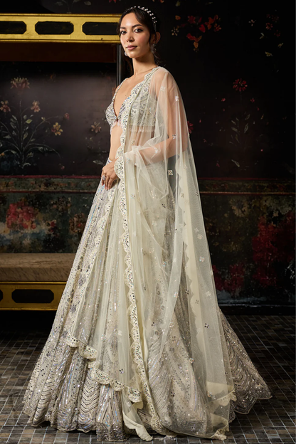 IVORY FULLY EMBROIDERED SCALLOP LEHENGA SET