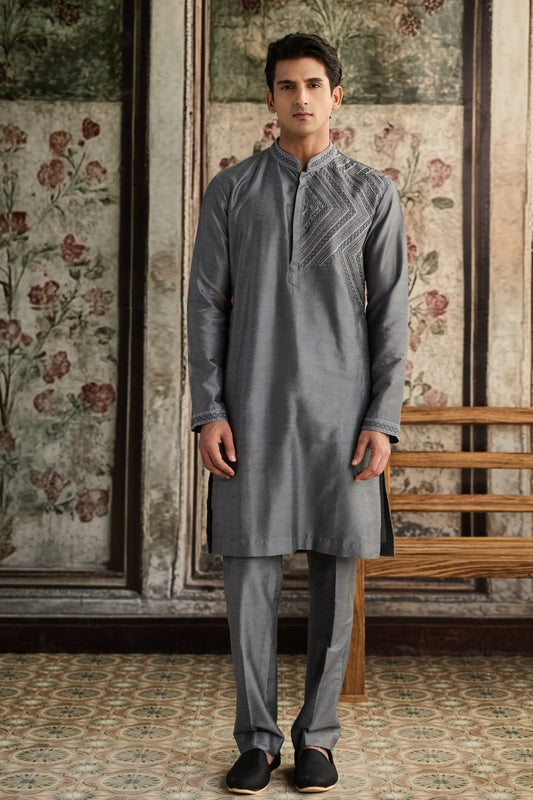 GREY EMBROIDERED KURTA & PANTS