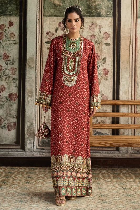 SAGE-MAROON PRINT AND HIGHLIGHTED  KAFTAN