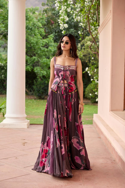PLUMICIOUS PINK FLORAL JACKET LEHENGA SET