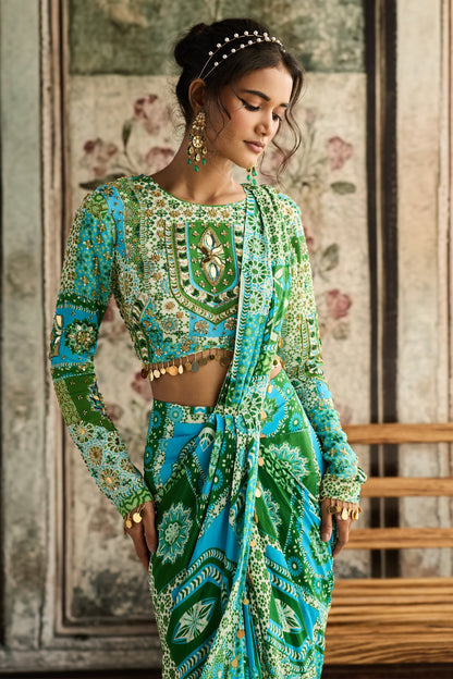AQUA PRINT AND HIGHLIGHTED DHOTI SAREE SET