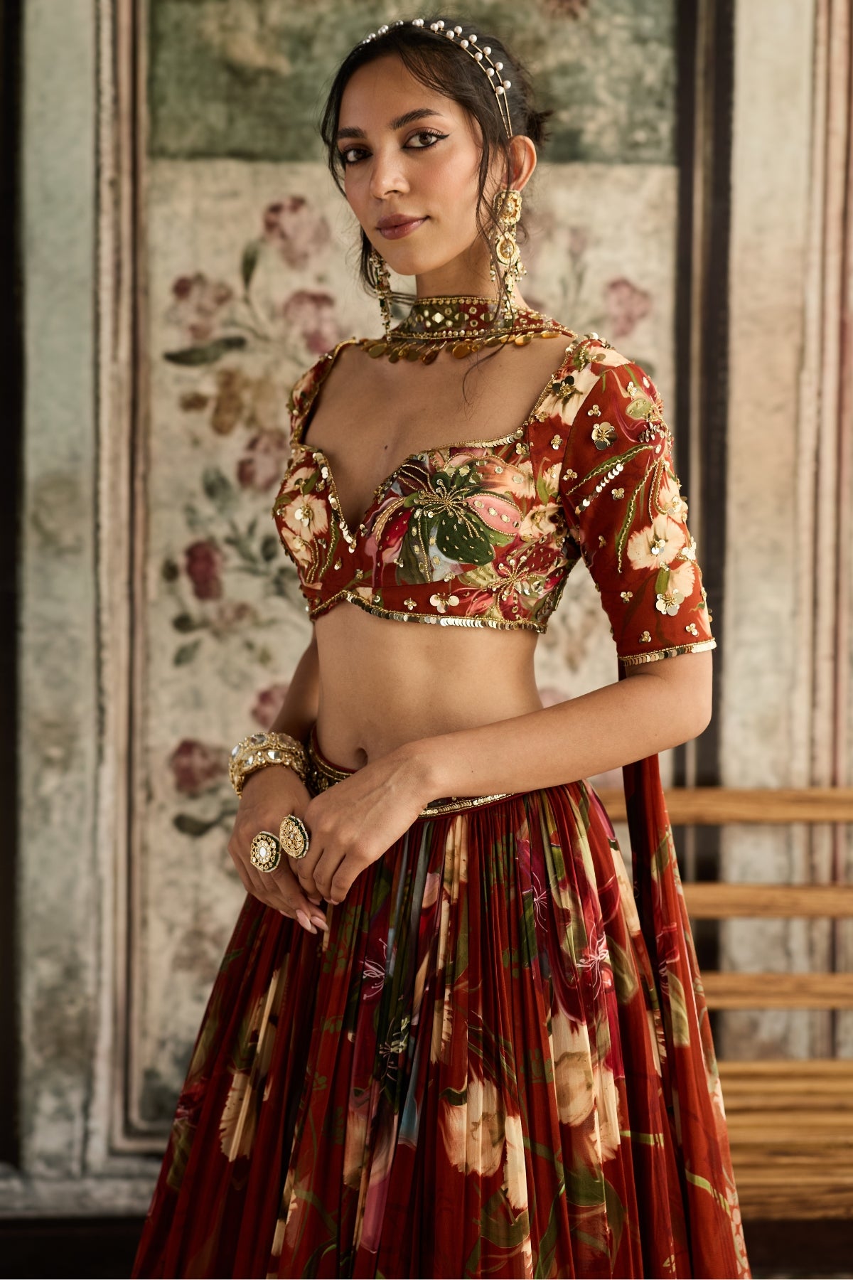 RUST FLORAL PRINTED LEHENGA SET
