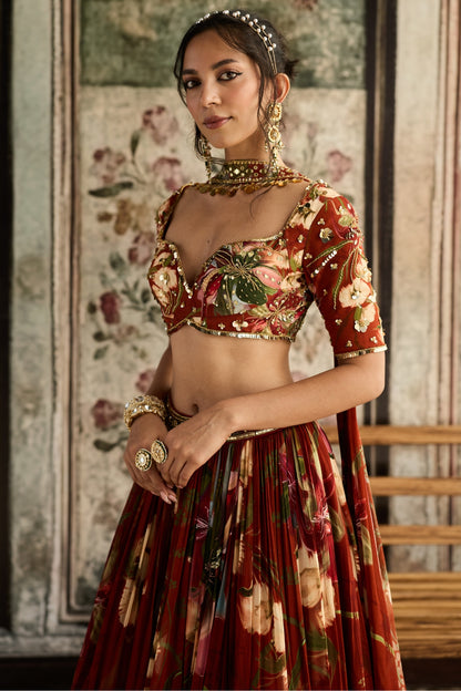 RUST FLORAL PRINTED LEHENGA SET