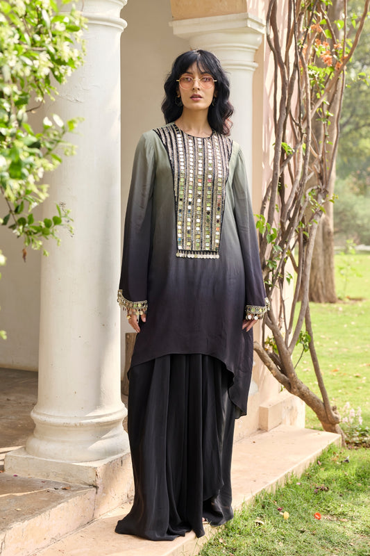 BLACK - GREY OMBRE EMBROIDERED KURTI SET