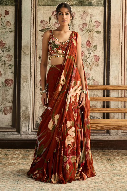 RUST FLORAL PRINT AND HIGHLIGHTED  MERMAID SAREE  SET
