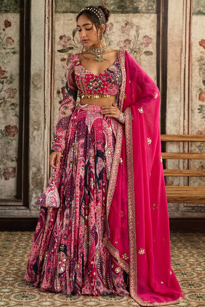 FUSCHIA PRINT AND HIGHLIGHTED ANGRAKHA BLOUSE LEHENGA SET