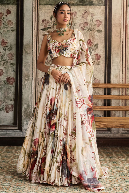 IVORY FLORAL PRINT AND HIGHLIGHTED LEHENGA SET