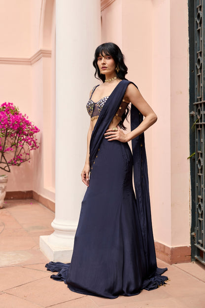 MIDNIGHT BLUE SOLID TRAIL SAREE