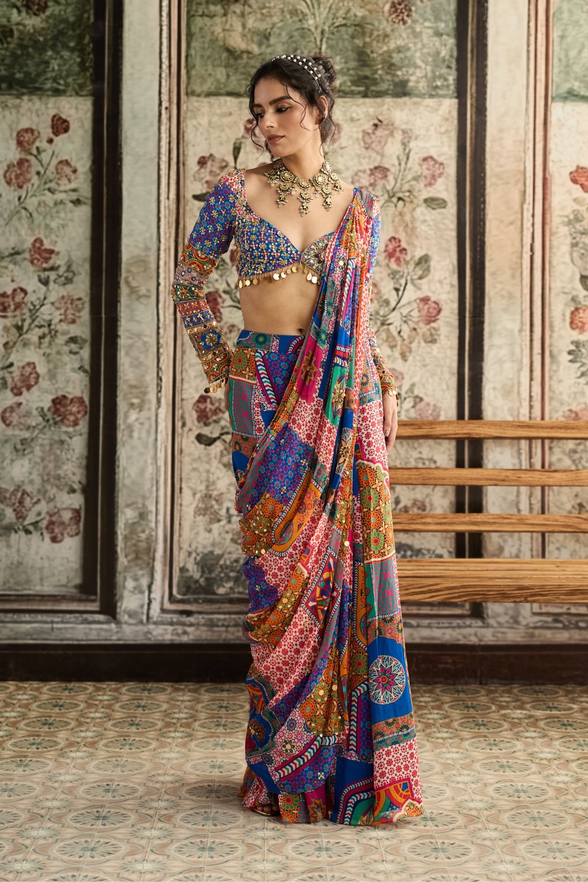 MULTI-COLOR  PRINT AND HIGHLIGHTED PLUNGE NECKLINE BLOUSE WITH SHARARA SAREE SET