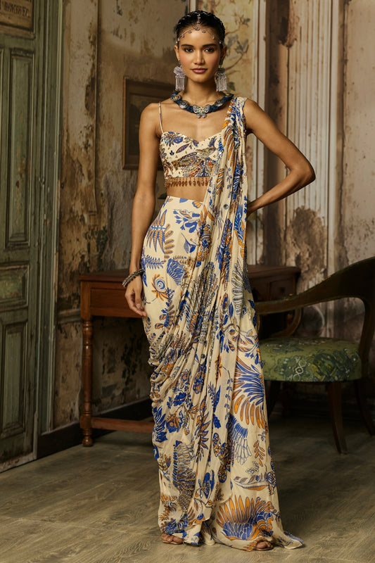 IVORY PRINTED AND HIGHLIGHTED SHARARA PANTS SAREE SET