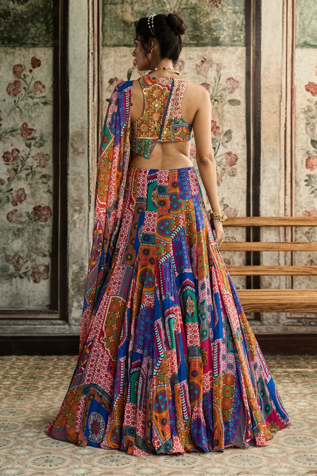 MULTI-COLOR  PRINT AND HIGHLIGHTED RACERBACK BLOUSE WITH GODET SKIRT SET