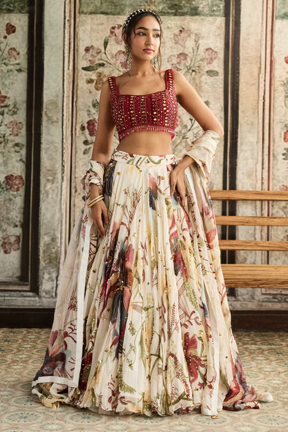 IVORY FLORAL PRINT AND HIGHLIGHTED LEHENGA SET