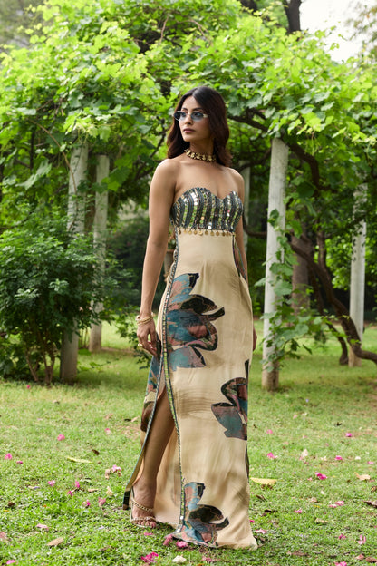 BEIGE FLORAL SLIT DRESS