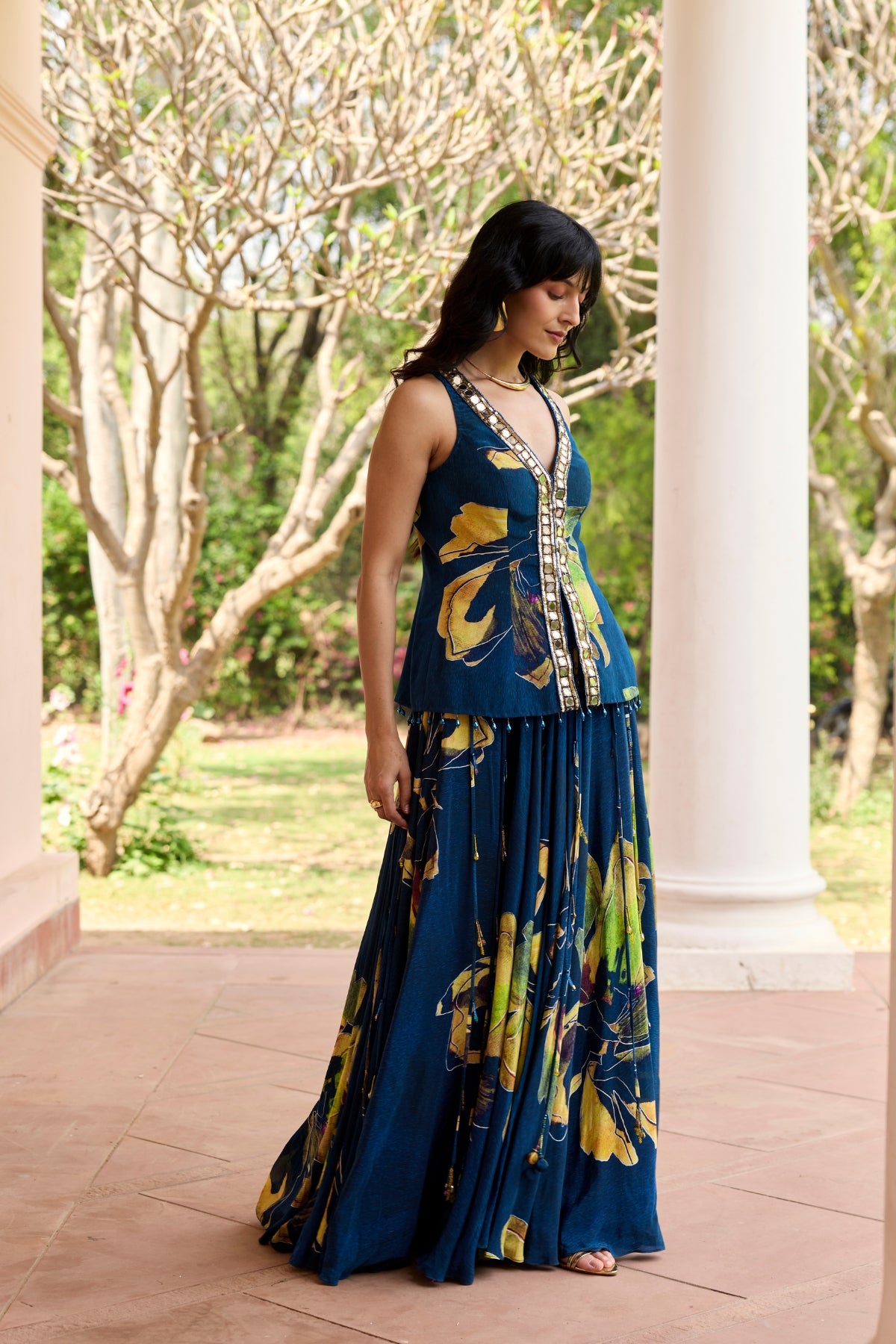NAVYGOLD FLORAL PRINTED LEHENGA SET