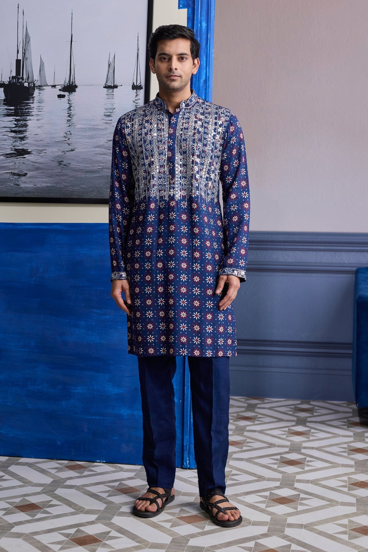 DARK BLUE PRINT HILIGHTED KURTA WITH SOLID PANTS