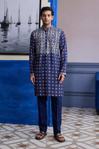 DARK BLUE PRINT HILIGHTED KURTA WITH SOLID PANTS