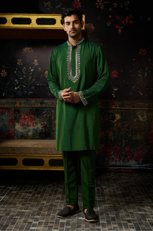 GREEN EMBROIDERED KURTA  &  PANTS