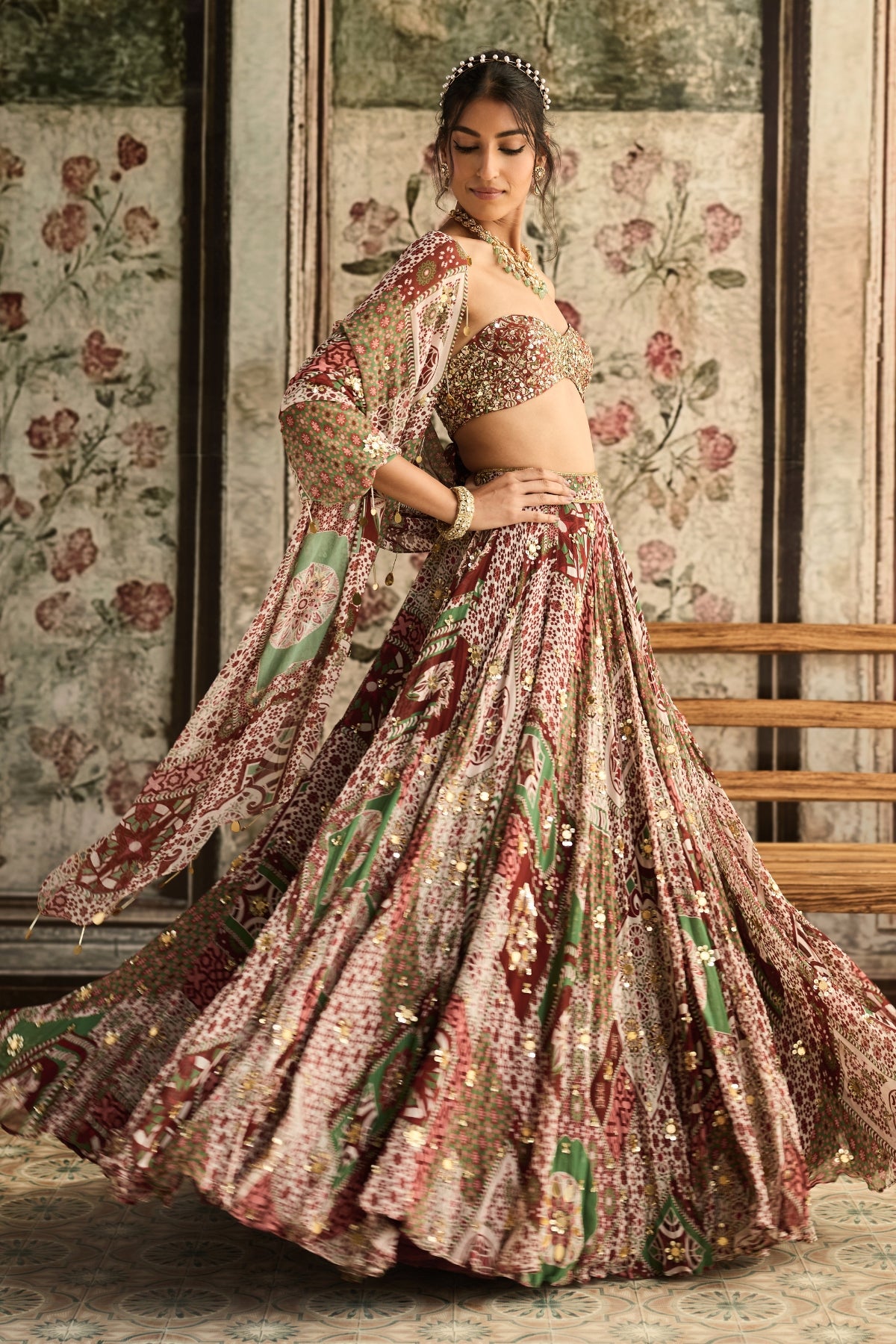 SAGE-MAROON PRINT AND HIGHLIGHTED  STRAPLESS BLOUSE WITH LEHENGA SET