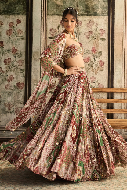 SAGE-MAROON PRINT AND HIGHLIGHTED  STRAPLESS BLOUSE WITH LEHENGA SET