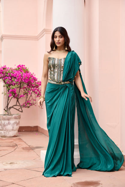 BOTTTLE GREEN EMBROIDERED CORSET SAREE SET