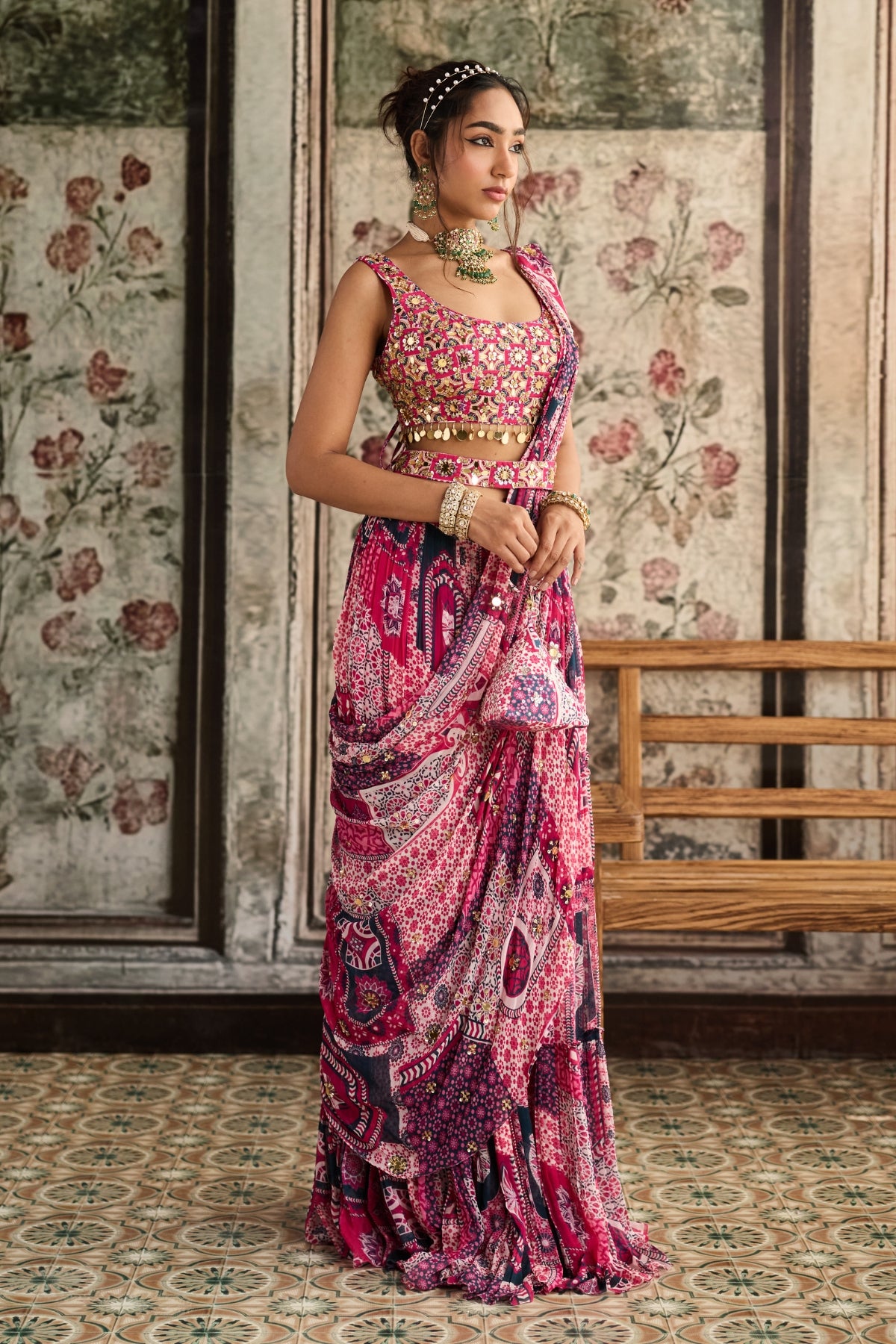 FUSCHIA PRINT AND HIGHLIGHTED SQUARE NECK BLOUSE WITH TIERED SAREE  SET