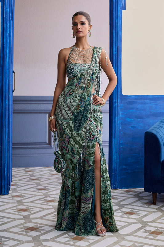 JEWELED GREEN FLORAL BLOUSE WITH SLIT SAREE & TASSEL DRAPE SET