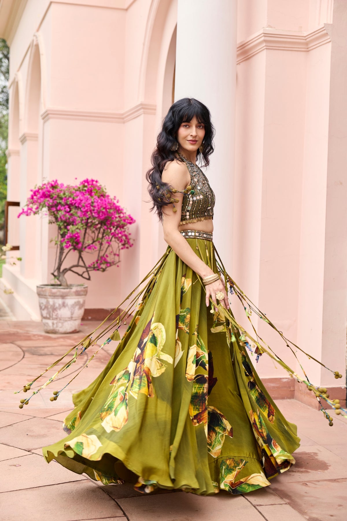 MATCHA GREEN FLORAL TASSELED LEHENGA SET
