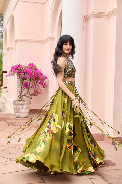 MATCHA GREEN FLORAL TASSELED LEHENGA SET