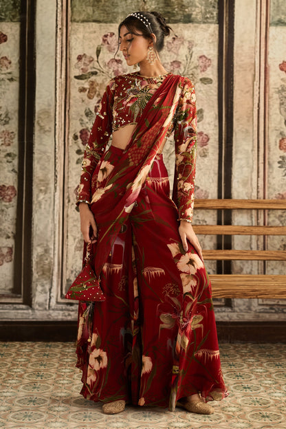 RED FLORAL PRINTED SKIRT SAREE SET