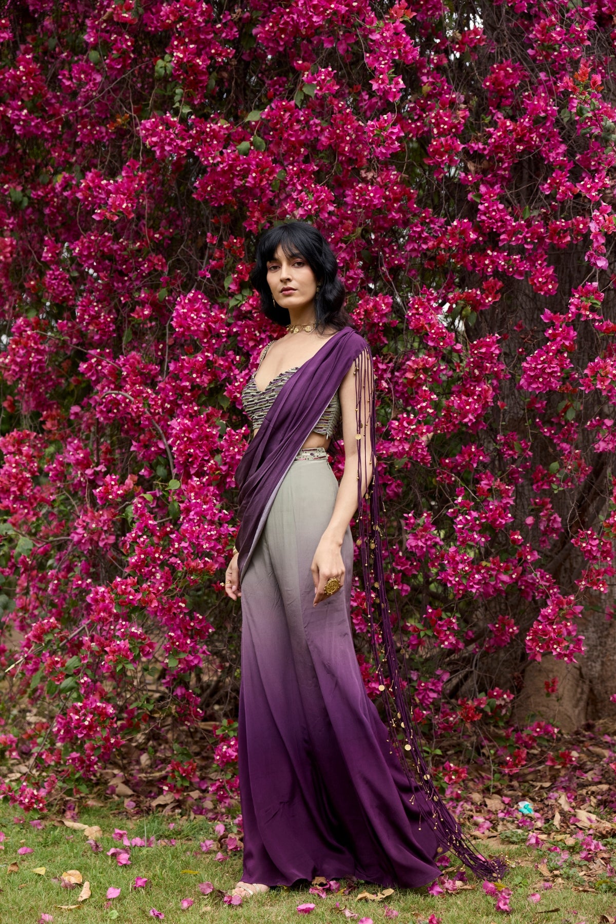 PURPLE-GREY OMBRE TASSELED DRAPE SAREE SET