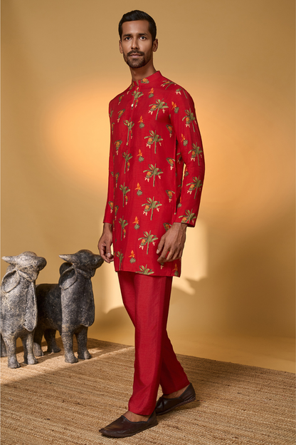 Red Tropical Kurta Set