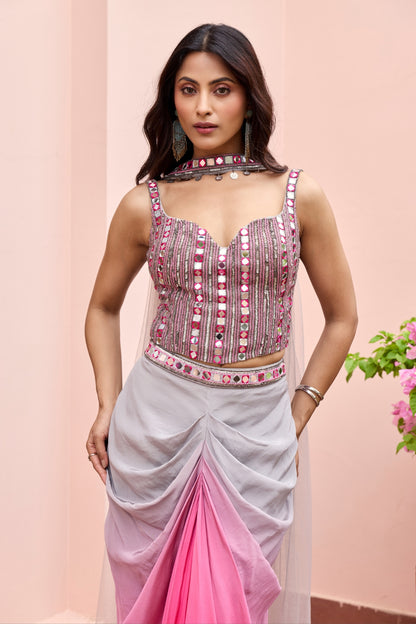 PINK-GREY OMBRE DHOTI SKIRT SET