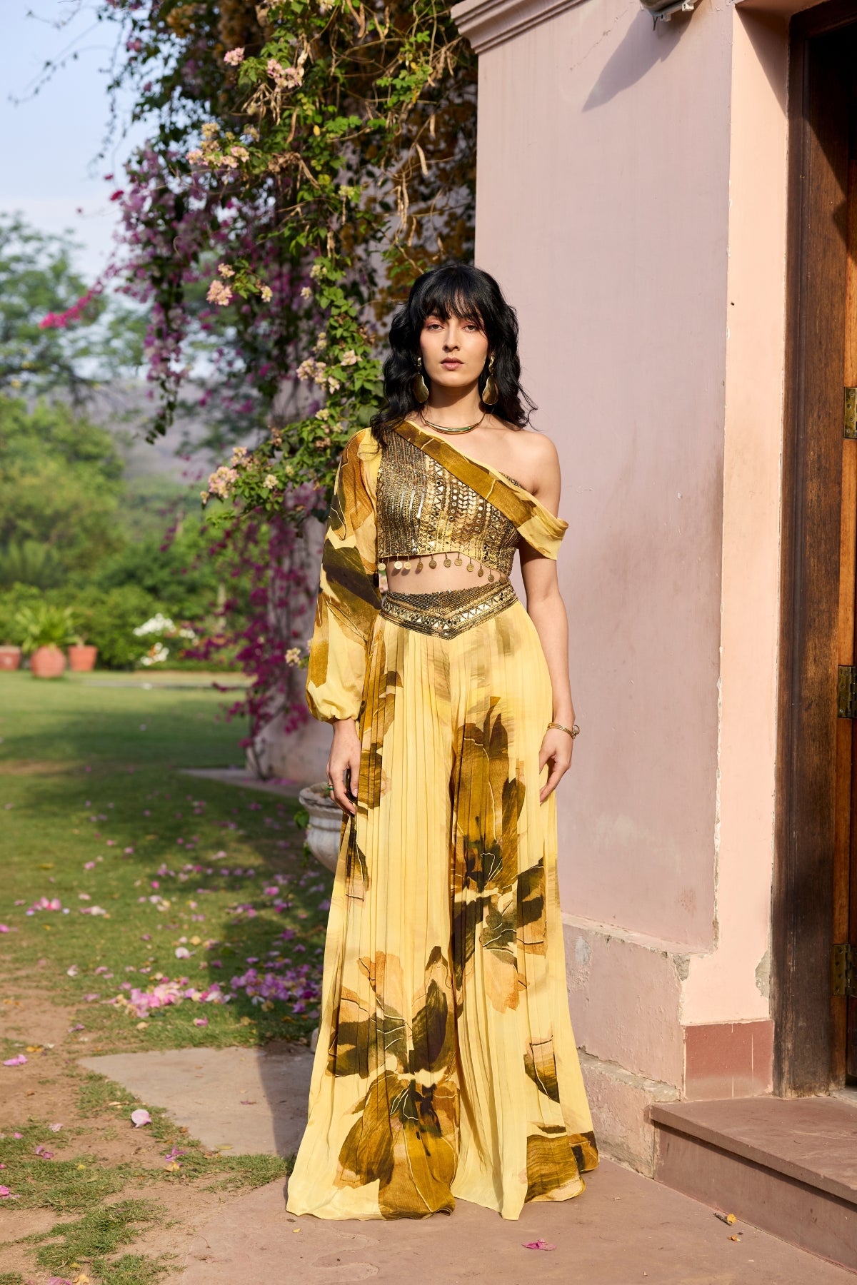 BUTTER YELLOW FLORAL ONE SHOULDER CO-RD SET