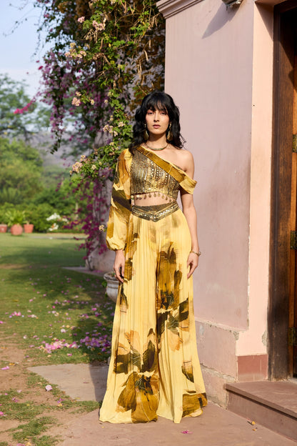 BUTTER YELLOW FLORAL ONE SHOULDER CO-RD SET