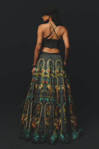 Charcoal Linen Satin Jacket Lehenga Set