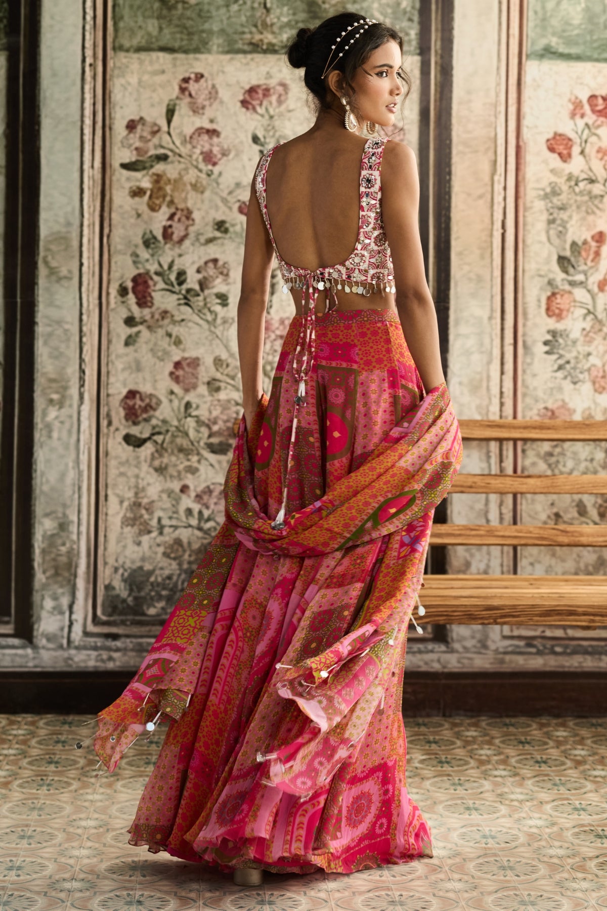 IVORY BUTTA PRINT AND HIGHLIGHTED SQUARE NECK BLOUSE WITH YELLOW-FUSCHIA PRINT SHARARA SET