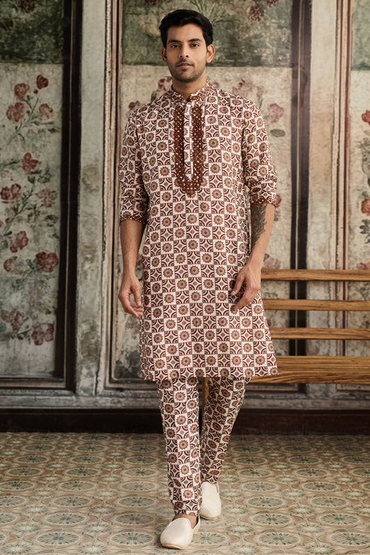 CARAMEL & IVORY PRINT & HIGHLIGHTED KURTA  &PANTS