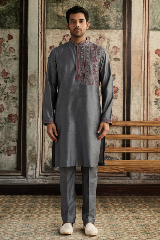 GREY EMBROIDERED KURTA & PANTS