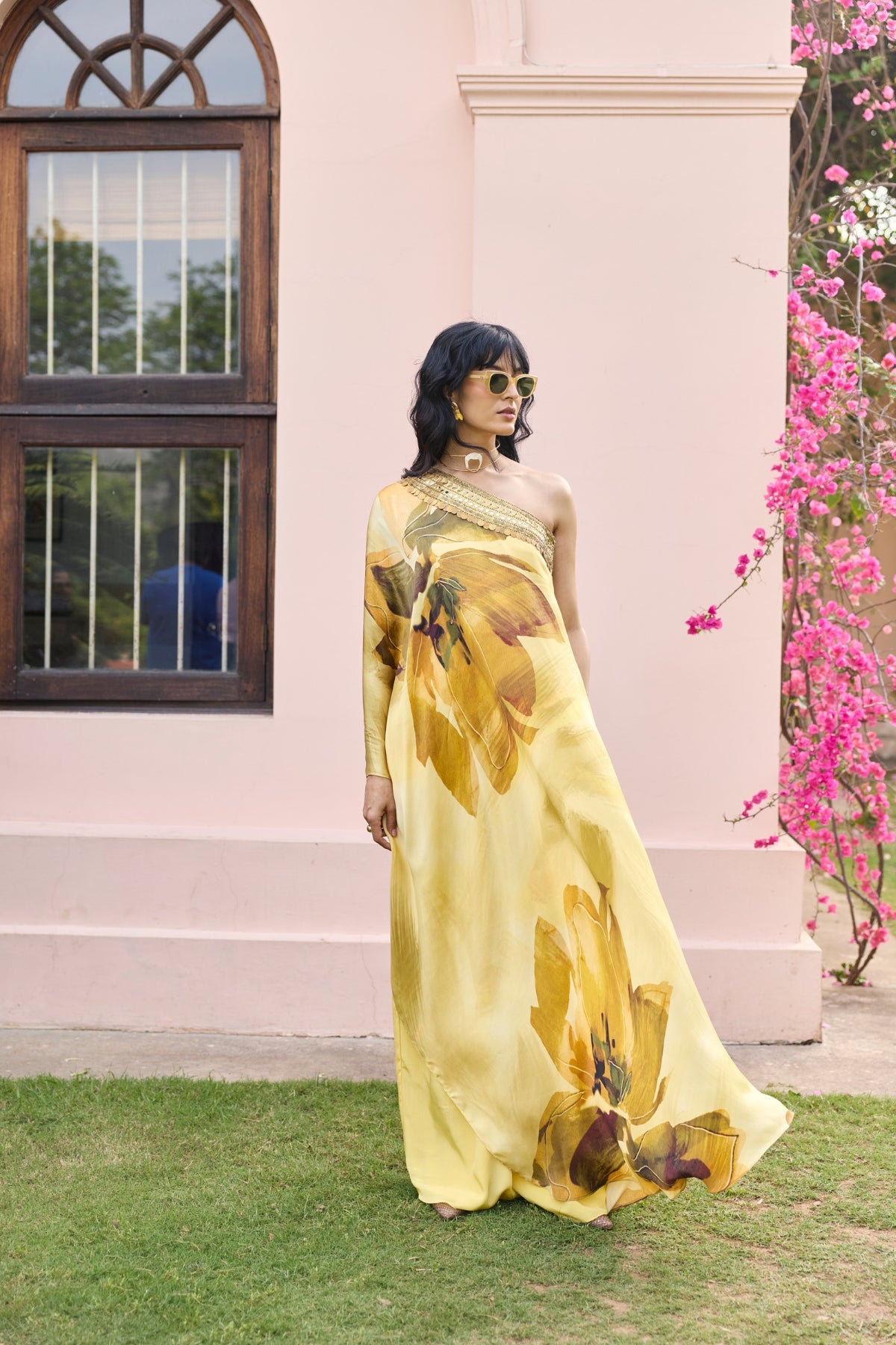 BUTTER YELLOW FLORAL, ONE SHOULDER KAFTAN SET