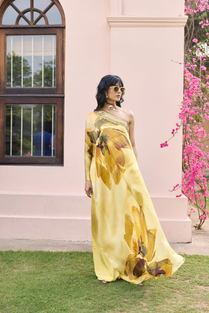 BUTTER YELLOW FLORAL, ONE SHOULDER KAFTAN SET