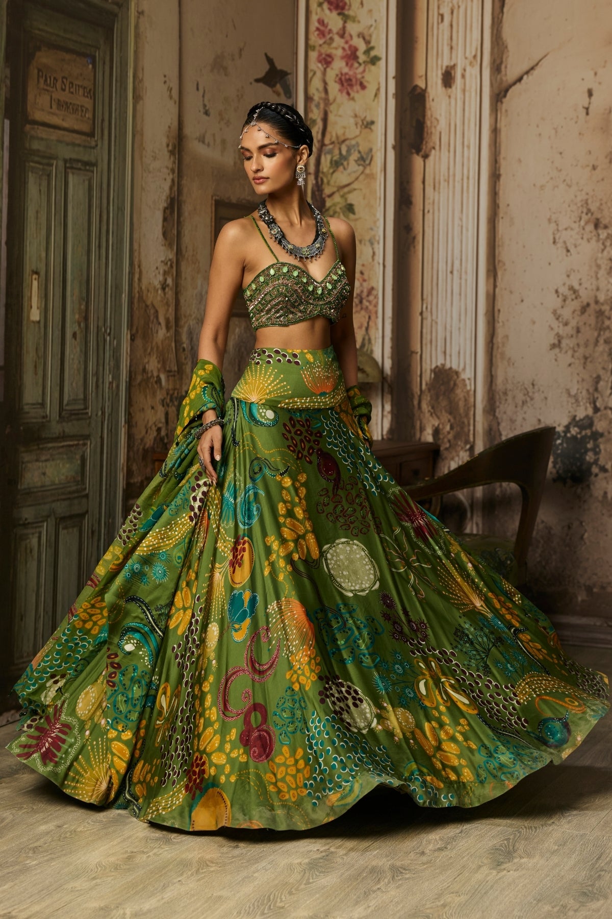 PEAR GREEN EMBROIDERED BLOUSE AND COWL SKIRT SET