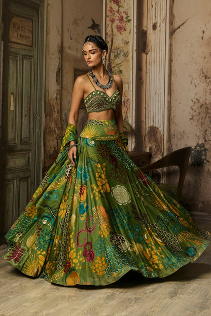 PEAR GREEN EMBROIDERED BLOUSE AND COWL SKIRT SET