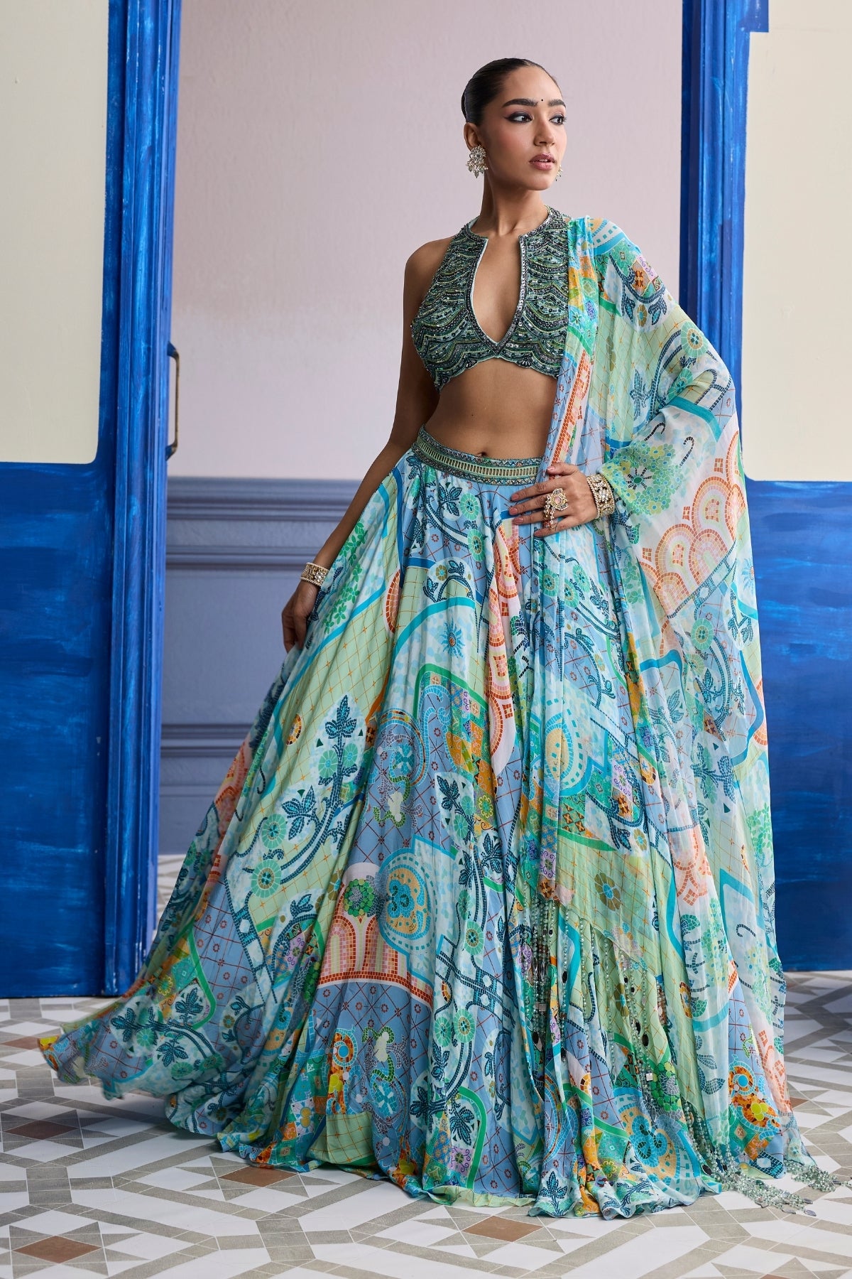 AQUA BLUE EMBROIDERED BLOUSE WITH PRINTED LEHENGA & TASSEL DUPATTA SET