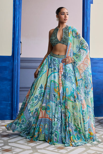 AQUA BLUE EMBROIDERED BLOUSE WITH PRINTED LEHENGA & TASSEL DUPATTA SET