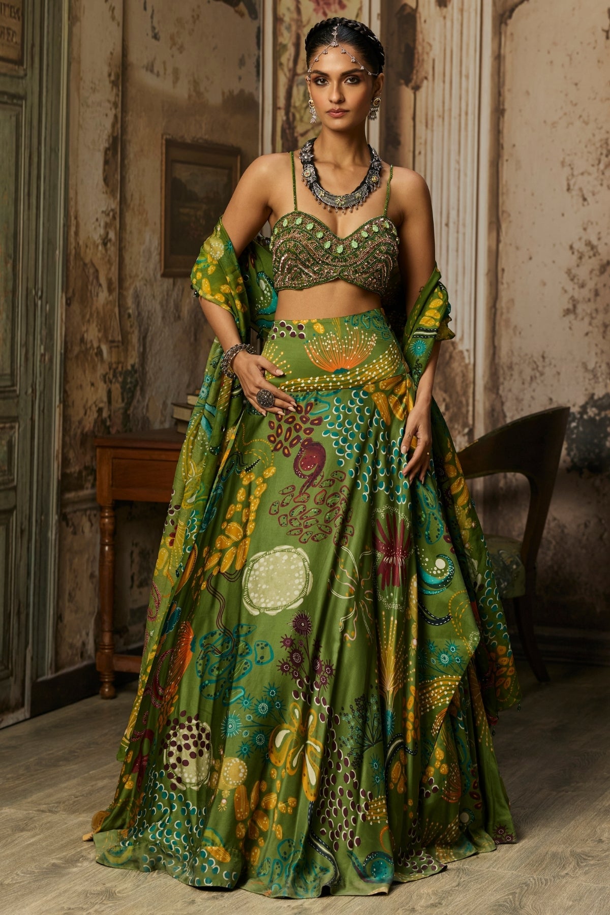 PEAR GREEN EMBROIDERED BLOUSE AND COWL SKIRT SET