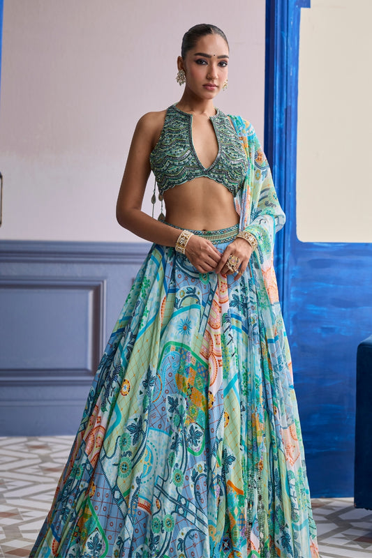 AQUA BLUE EMBROIDERED BLOUSE WITH PRINTED LEHENGA & TASSEL DUPATTA SET