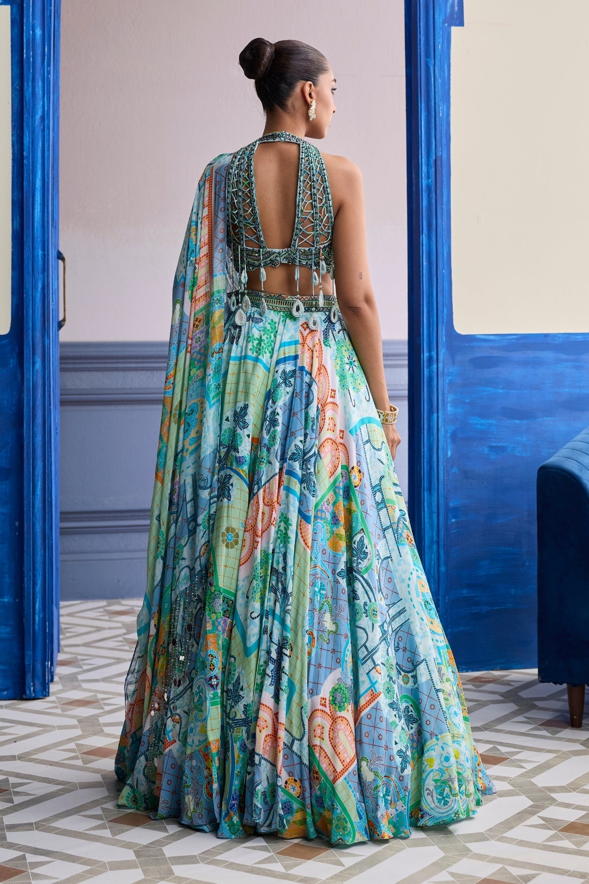 AQUA BLUE EMBROIDERED BLOUSE WITH PRINTED LEHENGA & TASSEL DUPATTA SET